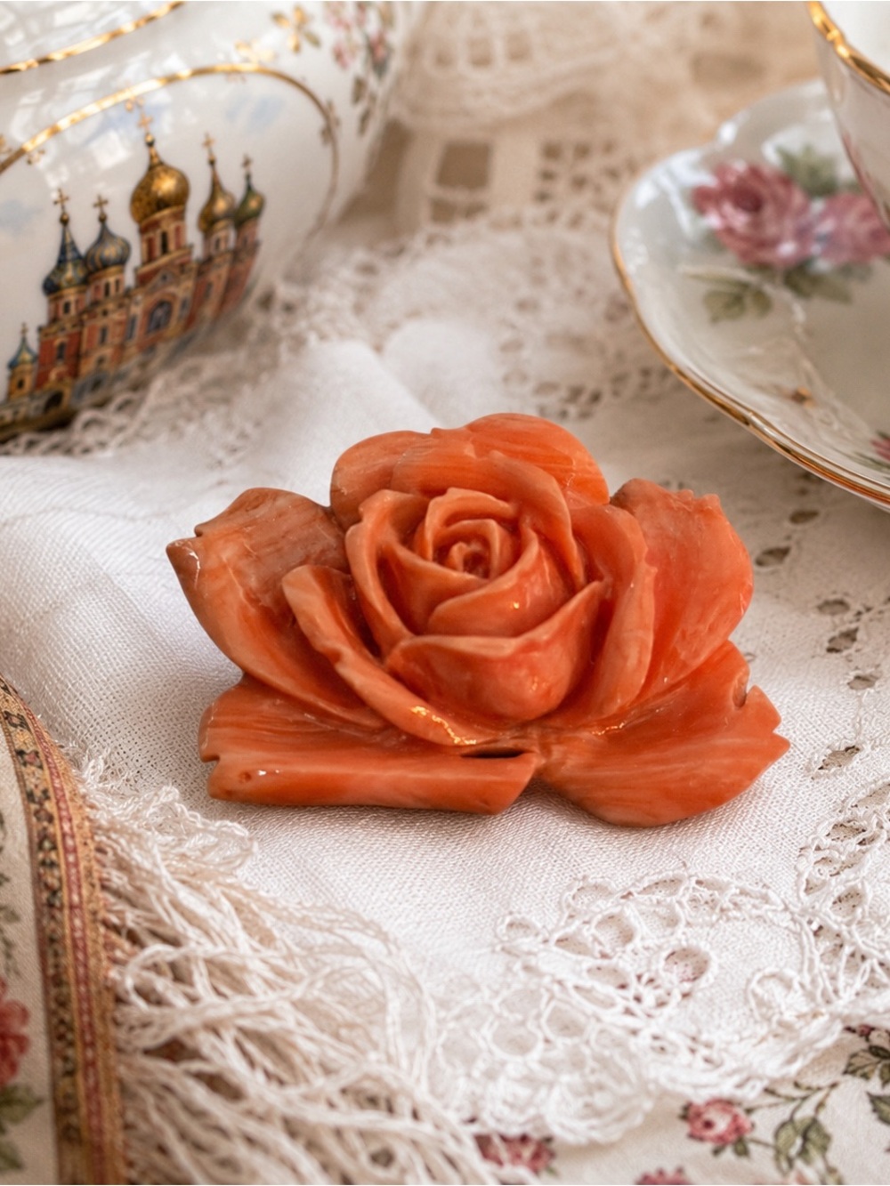 Vintage Coral Rose Brooch Carved Porcelain Look Floral Pin Romantic Cottage